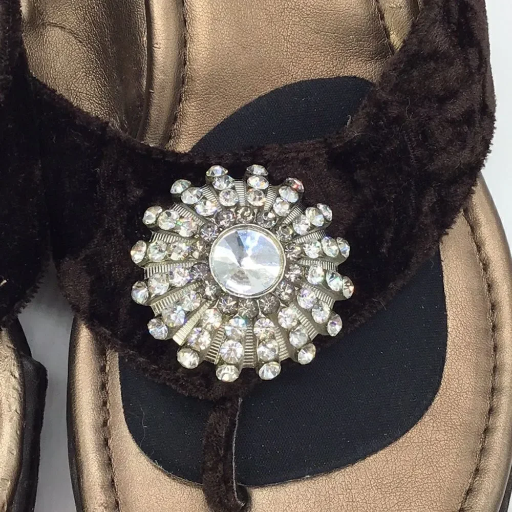Grazie Women’s Sandals Brown Crushed Velvet Wedge Rhinestone Embellished Size 10